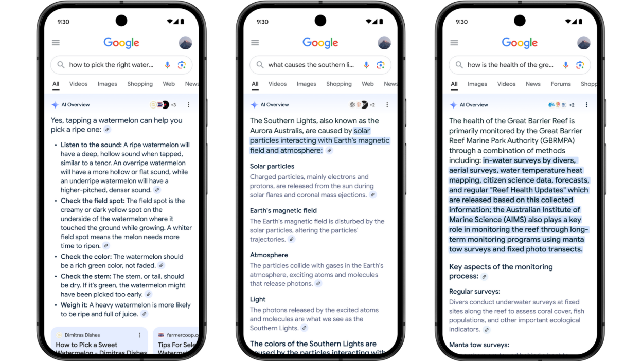 Exemples d'AI Overviews sur Google